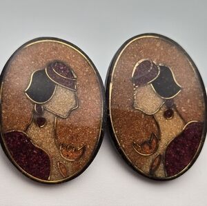 Vintage Art Deco Inlaid Lady Cameo Oval Stud Earrings Statement Jewelry